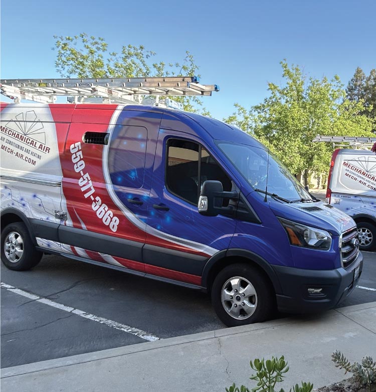 Professional Mechanical Air truck in front of a fresno house ready to provide furnace service